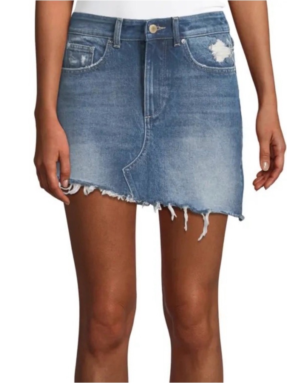 DL1961 The Georgia A-Line Distressed Asymmetric Jean Skirt in Elko Wash